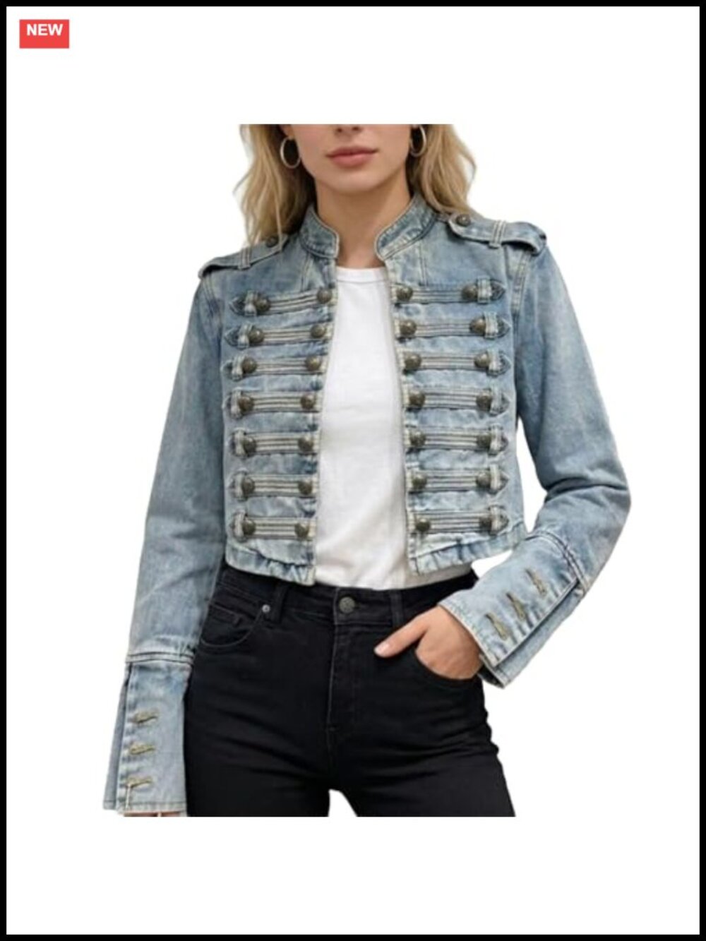 Womens Military Denim Jacket Steampunk Double Breasted Stand Collar Cropped